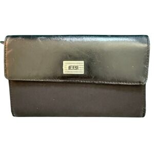 Ralph Lauren RL Black Leather Trifold Wallet Clutch Silver Logo Plate